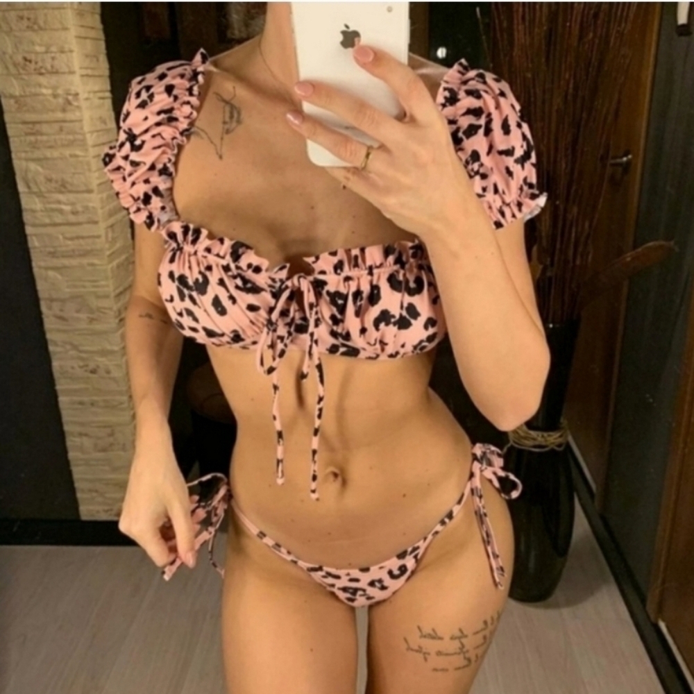 New Animal Print Sexy Frill Trim Puff Sleeve Bikini Set Swimsuit Size M